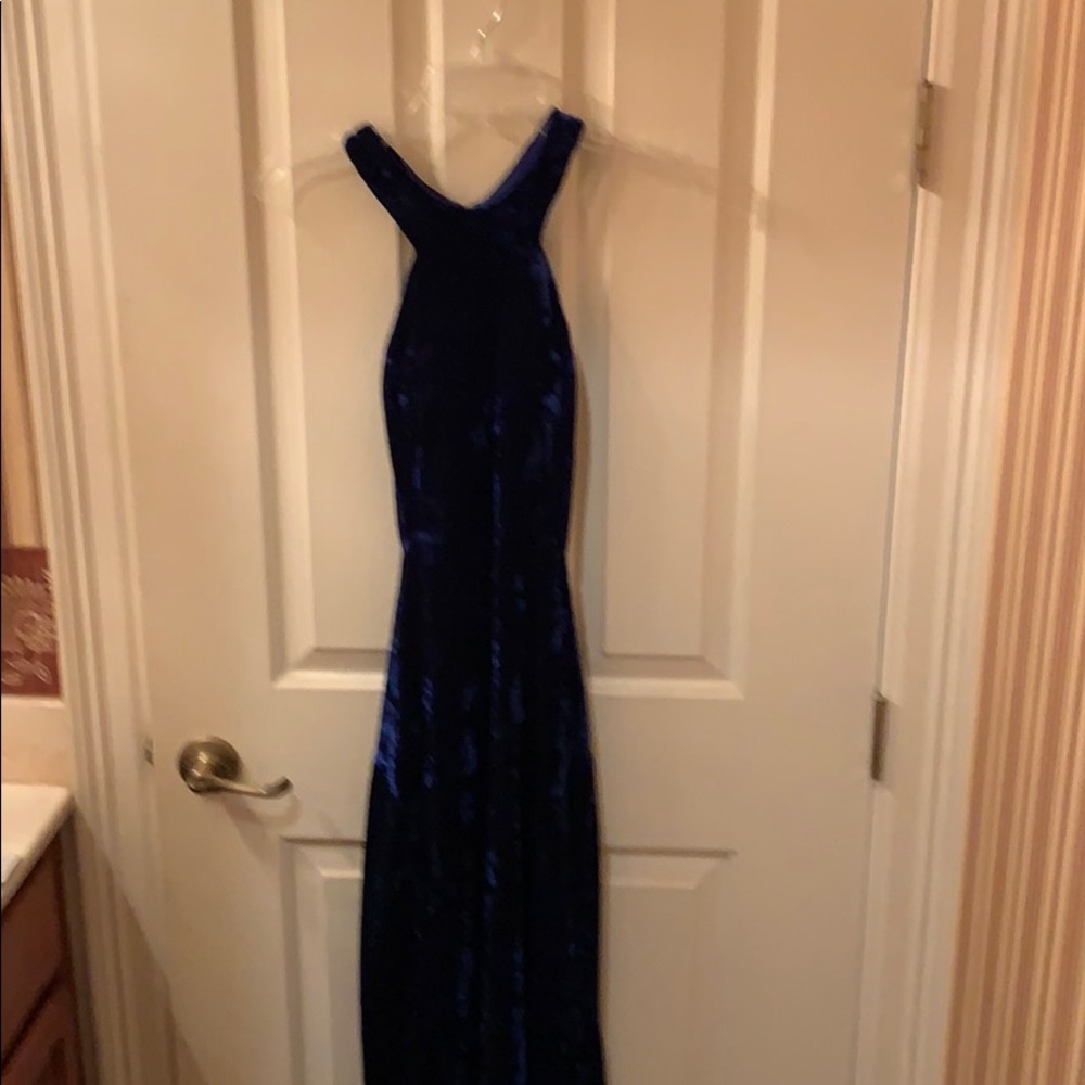 Crushed velvet royal blue ball gown.